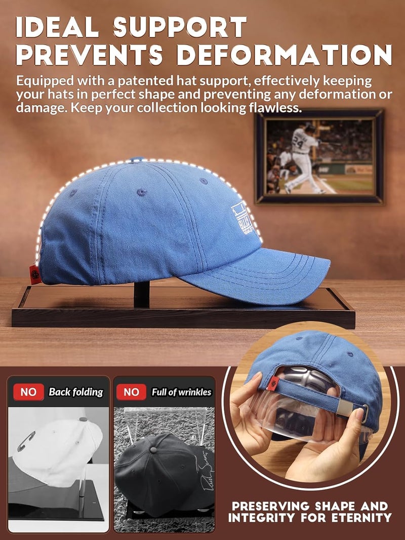 JupDec Hat Display Case, Clear Acrylic Baseball Cap Display Box Stand, UV Protection Signed Hat Transparent Showcase with Solid Wood Base Risers & Hat Shaper, Ideal Gift for Caps Collector, Black - Image 3